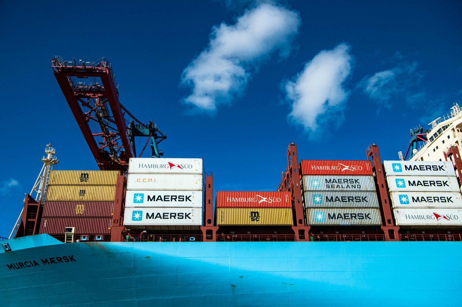 The container ship Maersk Murcia is moored at a terminal in the port of Gothenburg, Sweden, Aug. 24, 2020. (AFP Photo)