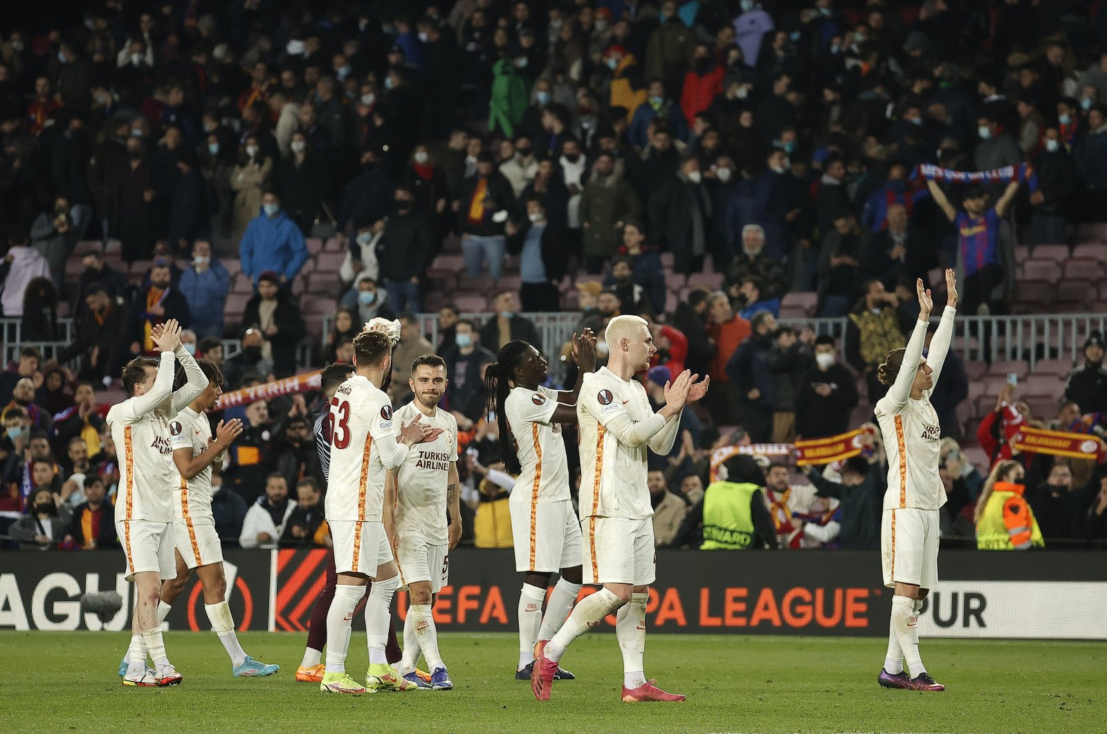 Galatasaray players are seen after the Europa League match against Barcelona at the Nou Camp on Mar. 10, 2022 (AA Photo)