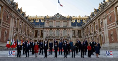 French President Emmanuel Macron and EU leaders pose for a group photo at the Palace of Versailles, near Paris, France, March 10, 2022, ahead of the EU leaders summit to discuss the fallout of Russia's invasion of Ukraine. (AFP Photo)