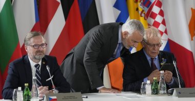 Czech Republic's Prime Minister Petr Fiala (L) and European Union foreign policy chief Josep Borrell attend a round table meeting at an EU summit at the Chateau de Versailles, in Versailles, west of Paris, March 10, 2022. (AP Photo)