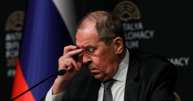 Russian Foreign Minister Sergei Lavrov adjusts his glasses during a news conference after meeting with his counterparts Ukrainian Dmytro Kuleba and Mevlut Çavuşoğlu, amid Russia's invasion of Ukraine, in Antalya, Turkey March 10, 2022. (Reuters Photo)