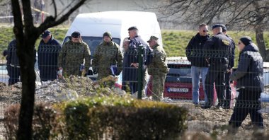 Police inspect site of a drone crash in Zagreb, Croatia, March 11, 2022. (AP Photo)