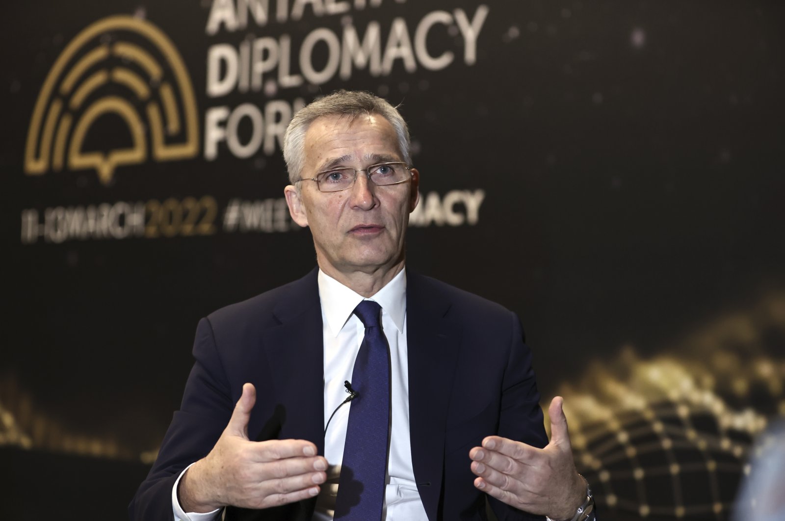 NATO Secretary-General Jens Stoltenberg gives an interview on the sidelines of the Antalya Diplomacy Forum, Antalya, Turkey, March 11, 2022. (AA Photo)