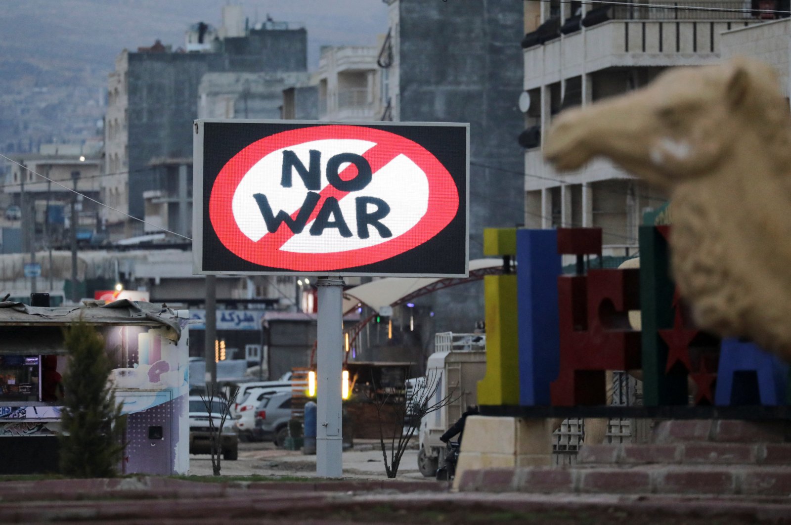 An electronic billboard reading "No war," Azaz, Syria, March 9, 2022. (Reuters Photo)