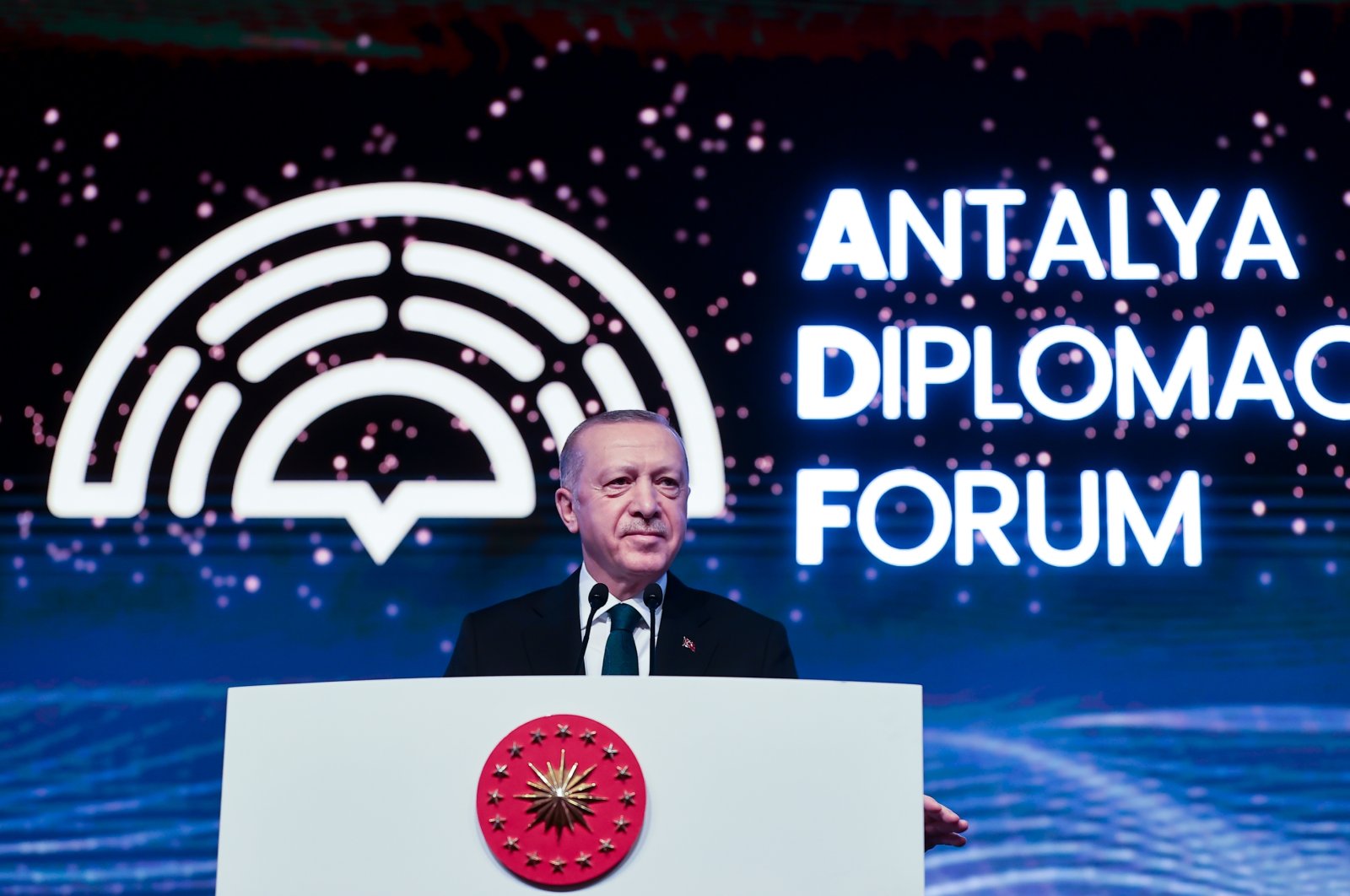 President Recep Tayyip Erdoğan addresses the Antalya Diplomacy Forum, Antalya, southern Turkey, March 11, 2022. (AA Photo)