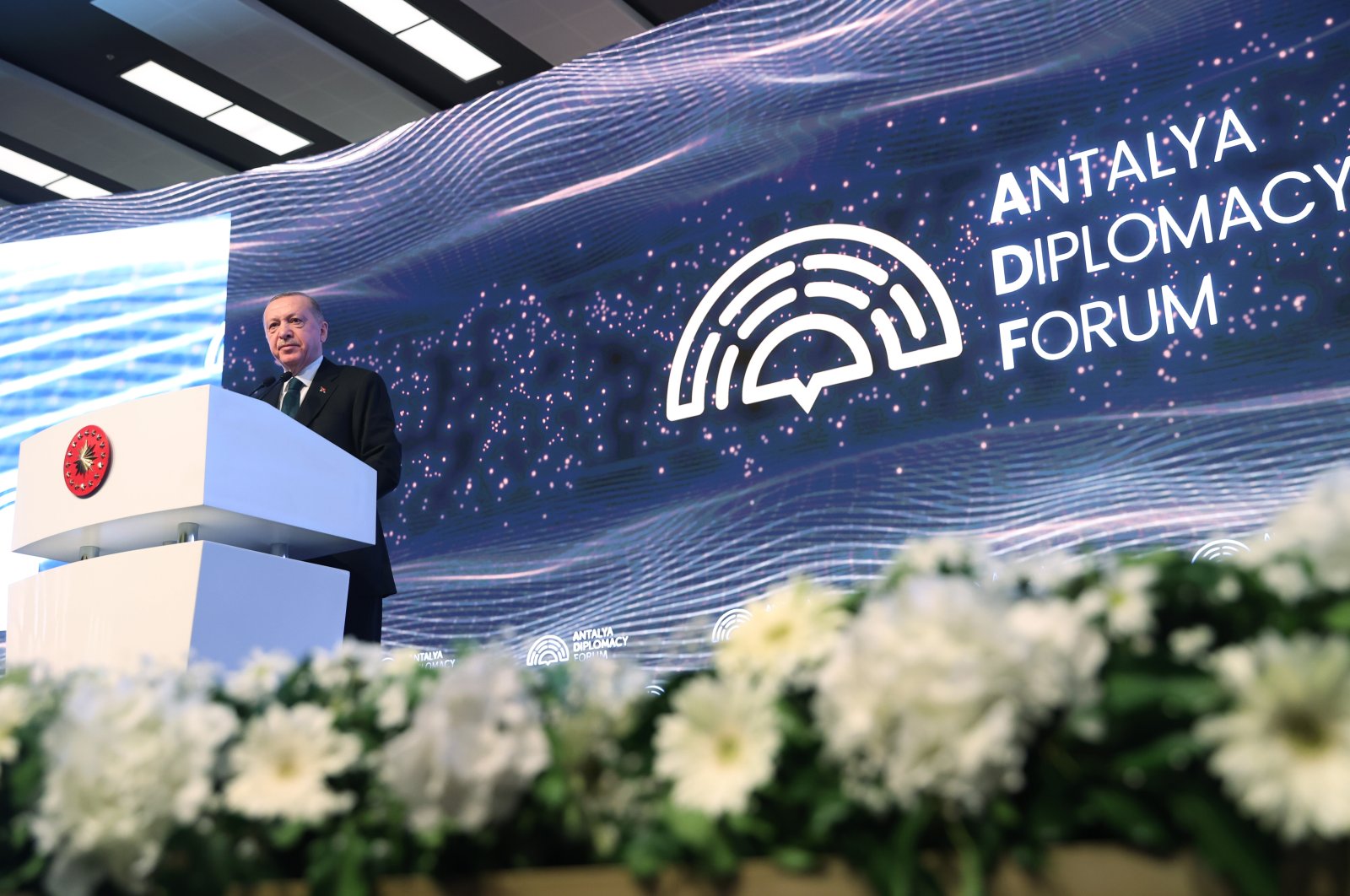 President Recep Tayyip Erdoğan speaks at the Antalya Diplomacy Forum, Antalya, Turkey, March 11, 2022. (AA Photo)