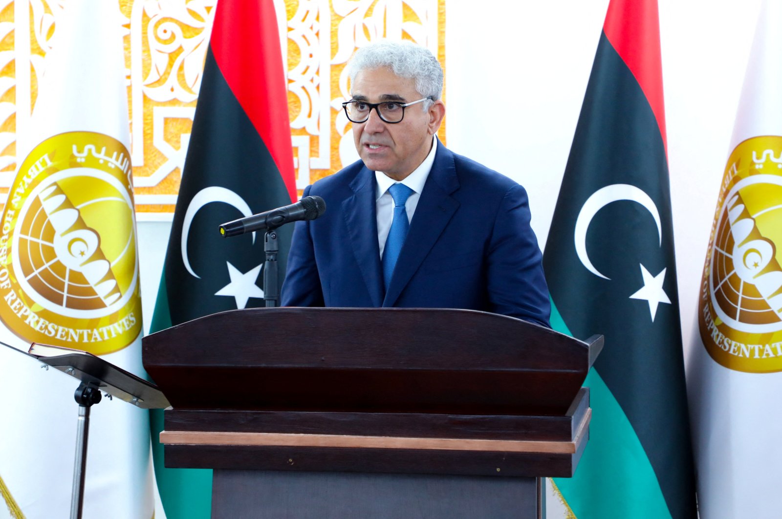 Fathi Bashagha, newly appointed as Libyan prime minister by the east-based parliament, takes the oath in Tobruk, Libya, March 3, 2022.