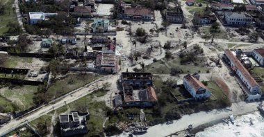 An aerial shot shows widespread destruction caused by Cyclone Kenneth when it struck Ibo island north of Pemba city, Mozambique, May, 1, 2019. (AP Photo)