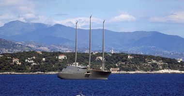 The 142.81-meter sail-assisted motor yacht Sailing Yacht A, owned by Russian tycoon Andrey Melnichenko, is seen in front of Monaco harbor Italy, May 4, 2017. (Reuters Photo)