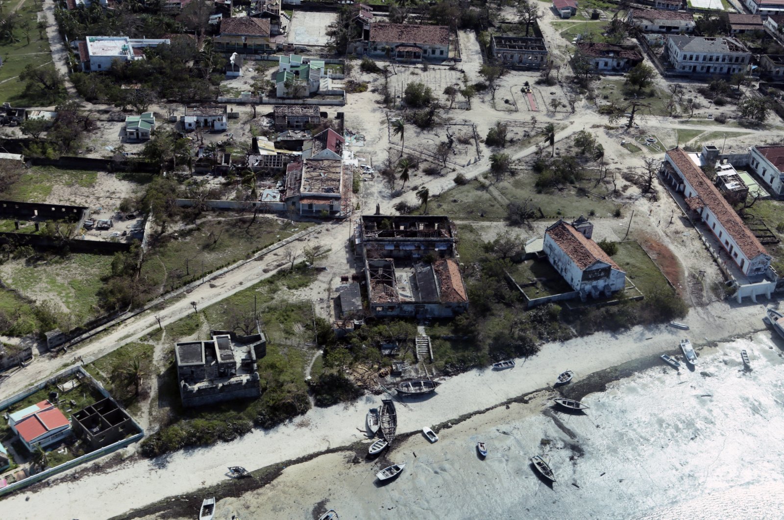 An aerial shot shows widespread destruction caused by Cyclone Kenneth when it struck Ibo island north of Pemba city, Mozambique, May, 1, 2019. (AP Photo)