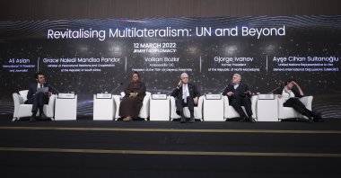 Participants speak during the panel "Revitalising Multilateralism: U.N. and Beyond" at the Antalya Diplomacy Forum, Antalya, Turkey, March 12, 2022. (AA Photo)