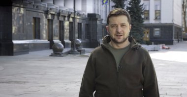 In this image from video provided by the Ukrainian Presidential Press Office and posted on Facebook, Ukrainian President Volodymyr Zelenskyy speaks on Russia&#039;s invasion of Ukraine, in Kyiv, Ukraine, March 11, 2022. (AP Photo)