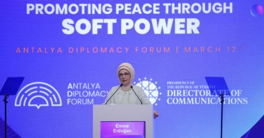 Turkish First lady Emine Erdoğan speaks during a panel in the Antalya Diplomacy Forum, Antalya, Turkey, March 12, 2022. (AA Photo)