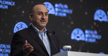 Foreign Minister Mevlüt Çavuşoğlu speaks at the Antalya Diplomacy Forum, Antalya, Turkey, March 13, 2022. (AA Photo)