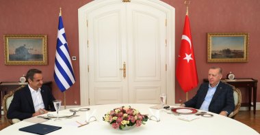 President Recep Tayyip Erdoğan and Greek Prime Minister Kyriakos Mitsotakis meet at the Vahdettin Pavilion, Istanbul, Turkey, March 13, 2022. (AA Photo)