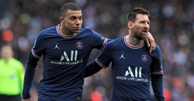 PSG Kylian Mbappe (L) and Lionel Messi react during a Ligue 1 match against Bordeaux, Paris, France, March 13, 2022. (EPA Photo)