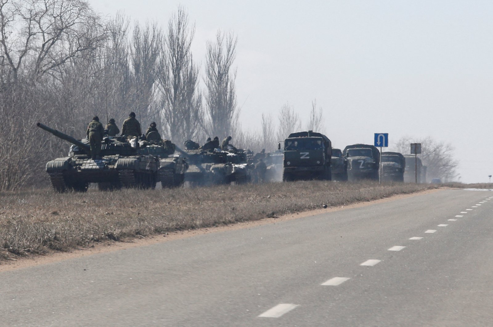 A view shows a convoy of pro-Russian troops during the Ukraine-Russia conflict outside the separatist-controlled town of Volnovakha in the Donetsk region, Ukraine, March 12, 2022. (Reuters Photo)