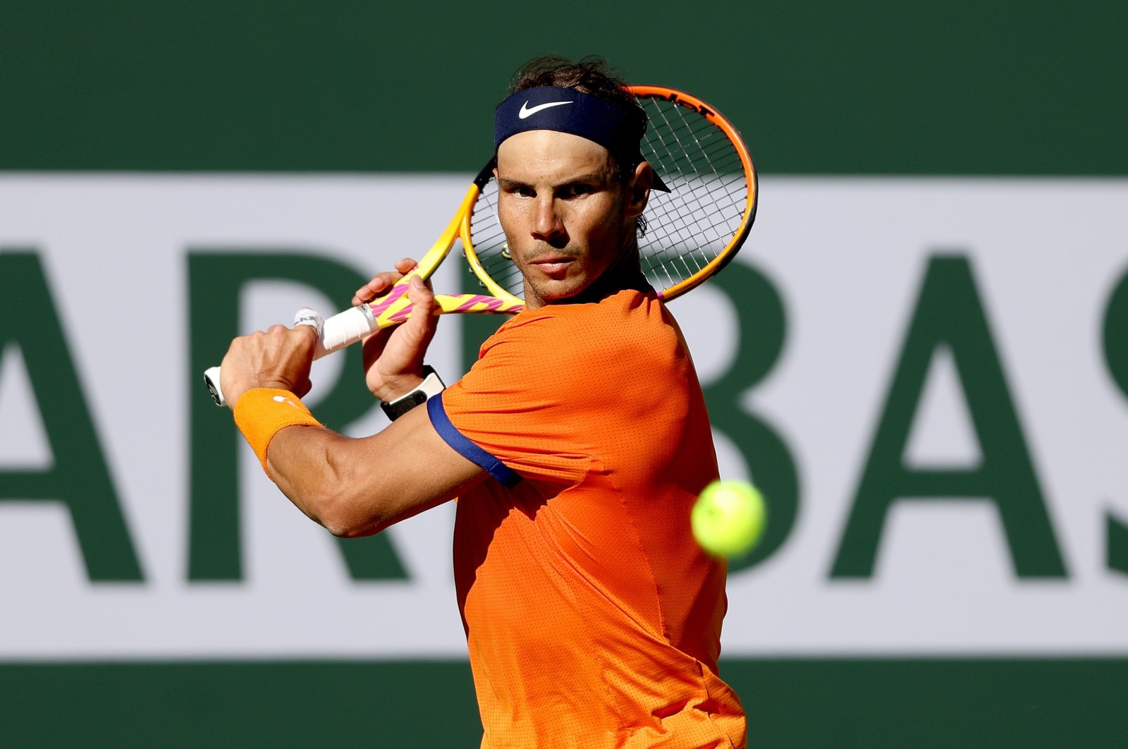 Spain&#039;s Rafael Nadal in action against Sebastian Korda during the Indian Wells Open, Indian Wells, California, U.S., March 12, 2022. (AFP Photo)