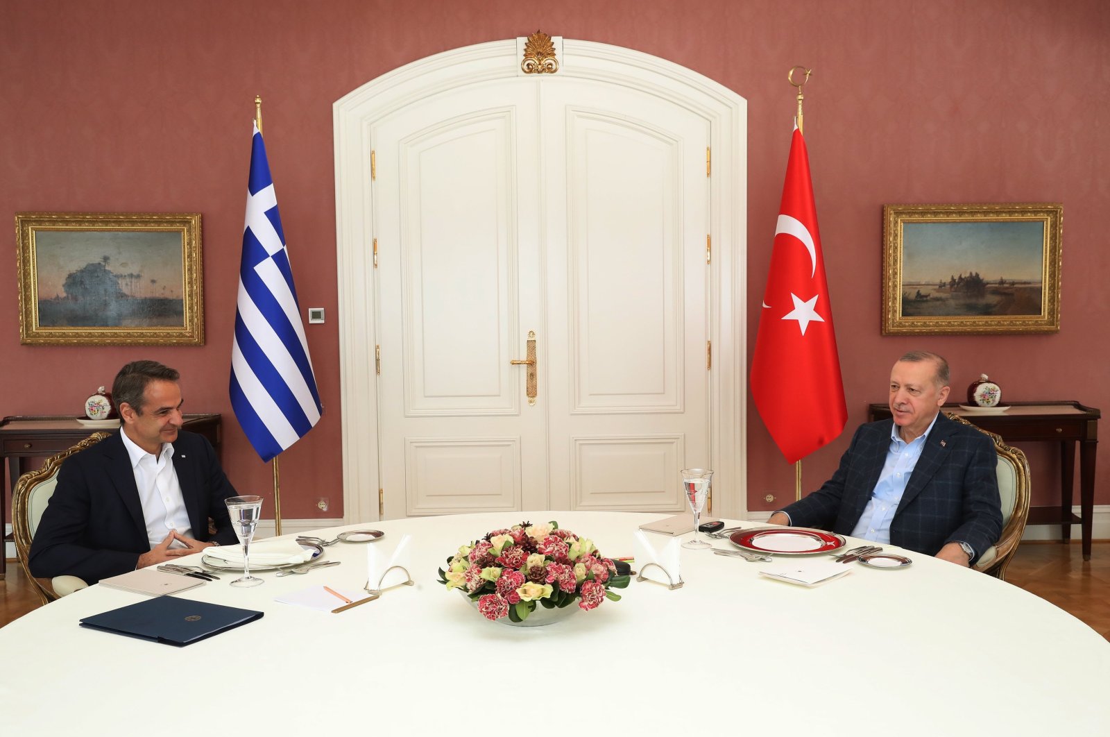 President Recep Tayyip Erdoğan and Greek Prime Minister Kyriakos Mitsotakis meet at the Vahdettin Pavilion, Istanbul, Turkey, March 13, 2022. (AA Photo)