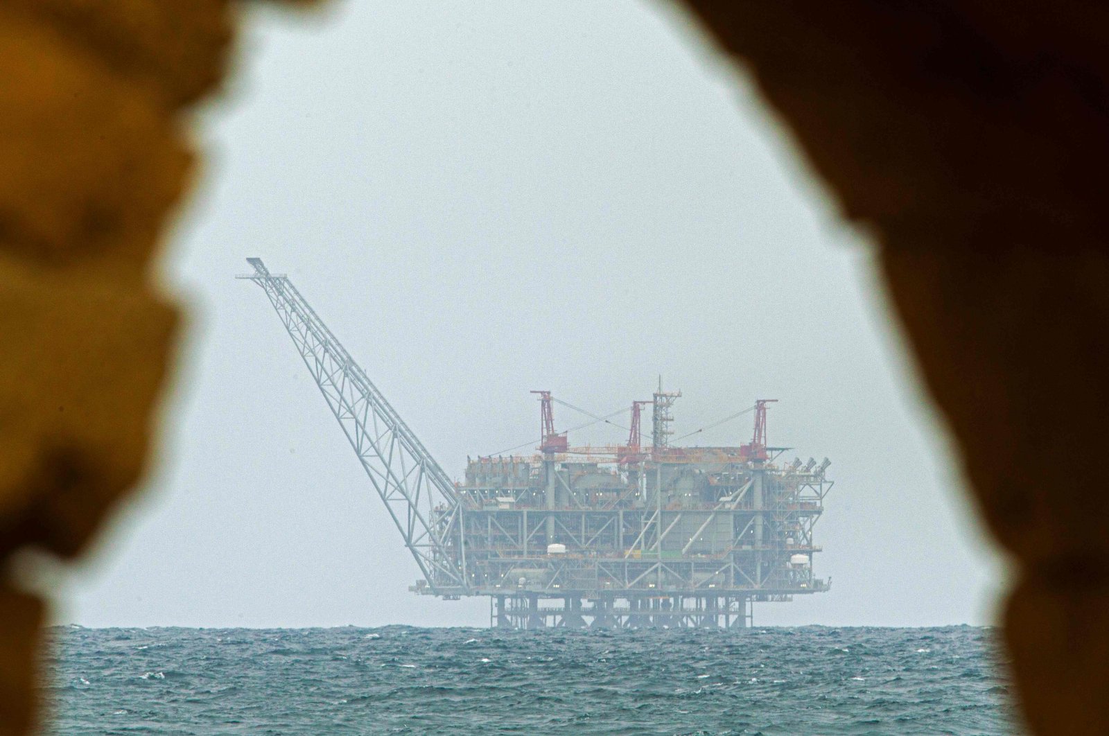 The platform of the Leviathan natural gas field in the Mediterranean Sea is pictured from the Israeli northern coastal city of Caesarea, Feb. 24, 2022. (AFP Photo)