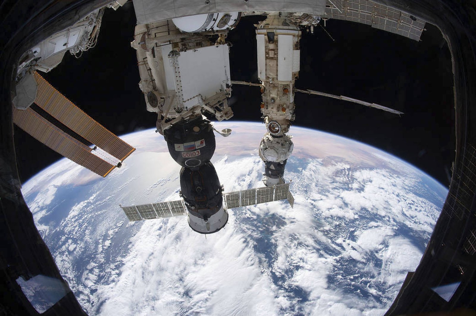 The International Space Station orbits 425 kilometers above the Tyrrhenian Sea, Dec. 6, 2021. (NASA via AP)