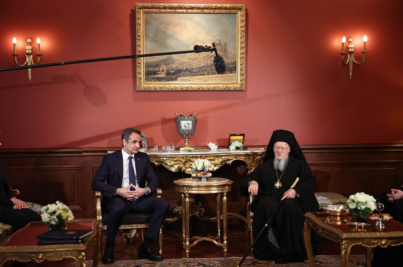 Greek Prime Minister Kyriakos Mitsotakis meets with Patriarch Bartholomew, the head of Istanbul&#039;s Fener Greek Orthodox Patriarchate at the Greek Consulate-General in Istanbul, March 13, 2022. (AA Photo)