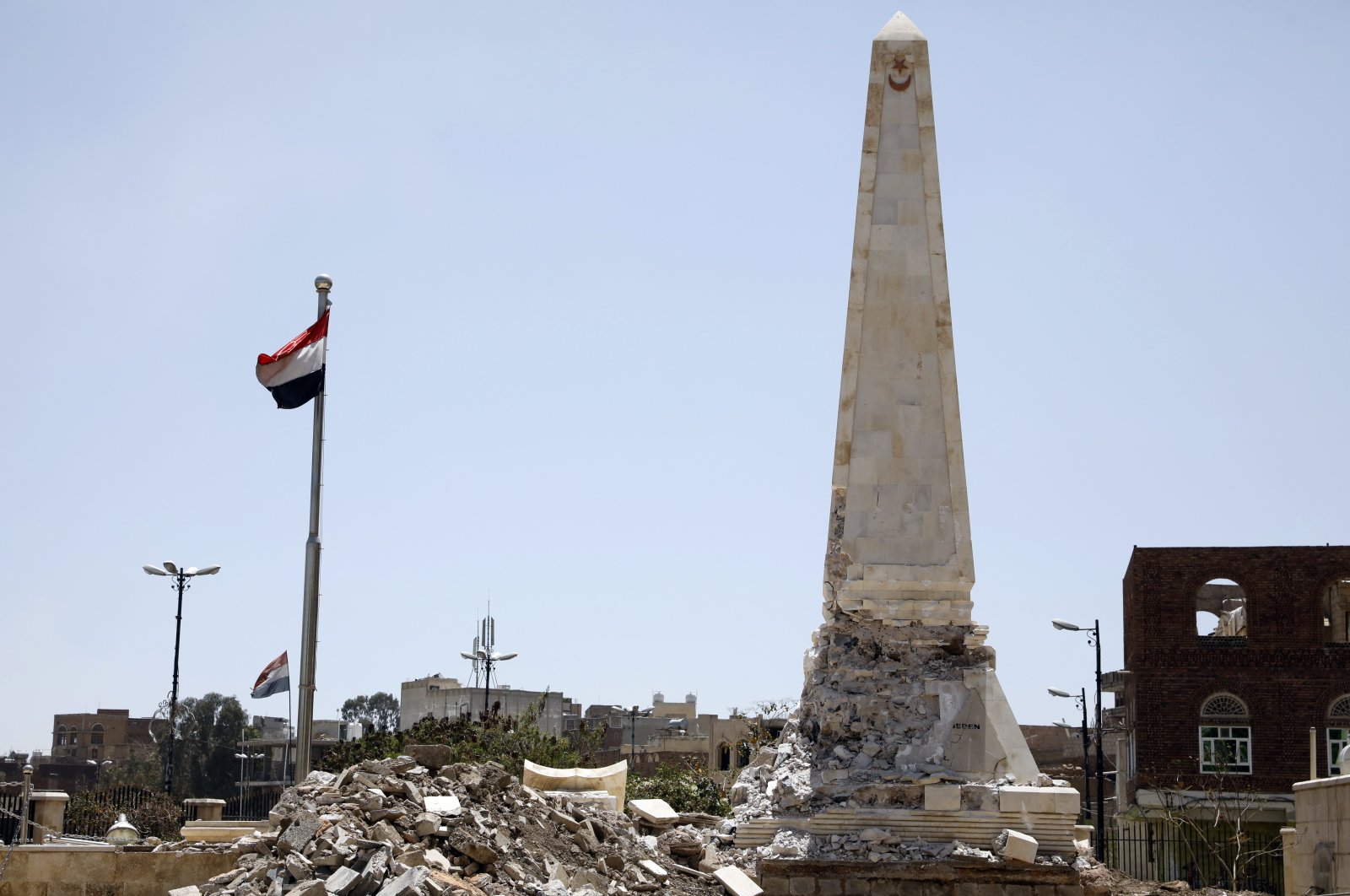 A general view shows a damaged Turkish memorial after Houthi supporters tried to demolish it, in Sanaa, Yemen, March 12, 2022. (EPA Photo)