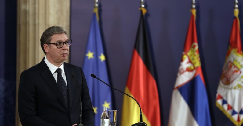 Serbian President Aleksandar Vucic speaks at a press conference with the German Foreign Minister after their meeting in Belgrade, Serbia, March 11, 2022. (EPA Photo)