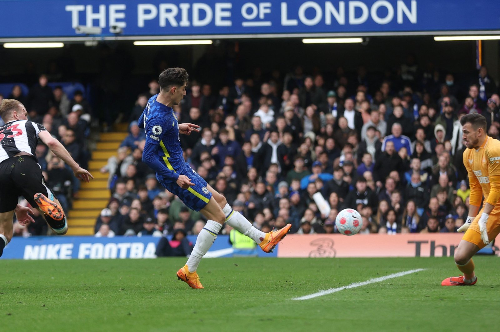 Chelsea&#039;s Kai Havertz scores in a Premier League match against Newcastle, London, England, March 13, 2022. (Reuters Photo)