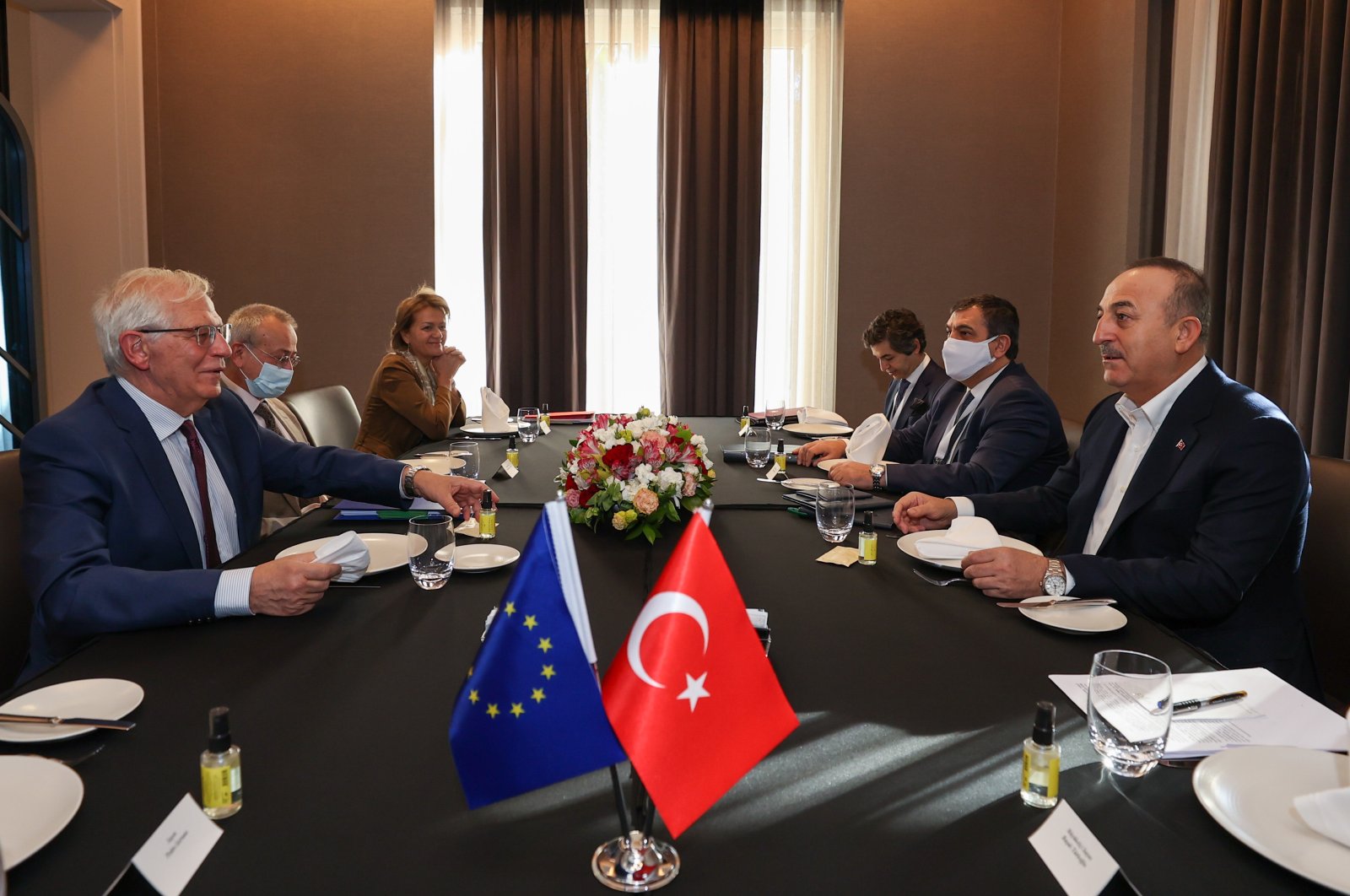 Foreign Minister Mevlüt Çavuşoğlu (R) and European Union foreign policy chief Josep Borrell meet on the sidelines of the Antalya Diplomacy Forum, Antalya, Turkey, March 12, 2022. (AA Photo)