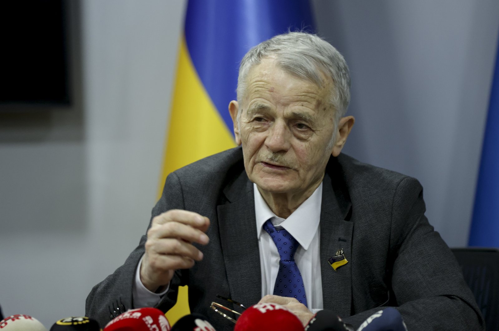 Crimean Tatar leader Mustafa Dzhemilev is seen during a press conference, Istanbul, Turkey, March 1, 2022. (AA Photo)