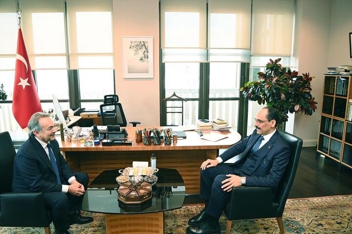Presidential Spokesperson Ibrahim Kalın (R) and French Presidency Special Respernattive Gilles Kepel meet in the capital Ankara, Turkey, March 15, 2022. (AA Photo)