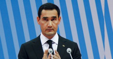 Serdar Berdymukhamedov, 40-year-old son of Turkmenistan President Gurbanguly Berdimuhamedov, attends a meeting in Ashgabat, Turkmenistan, in Aug. 21, 2021. (AP Photo)