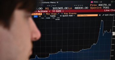 A journalist poses while looking at a computer screen with the Bloomberg display showing a one-day view of the rise and fall in the value of nickel, London, the U.K., March 8, 2022. (AFP Photo)