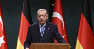 President Recep Tayyip Erdoğan speaking during a press conference with German Chancellor Olaf Scholz in Ankara, Turkey, March 14, 2022 (DHA Photo) 