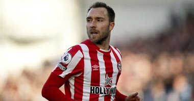 Brentford's Christian Eriksen in action during Premier League match against Newcastle United, London, England, Feb. 26, 2022. (AP Photo)