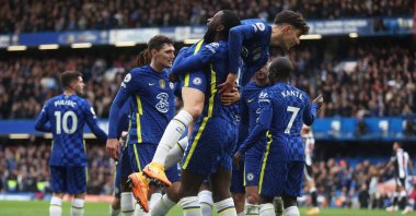 Chelsea players celebrate a goal in a Premier League match against Newcastle, London, England, March 13, 2022. (Reuters Photo)