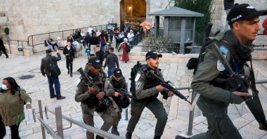 Israeli forces patrol outside Damascus' Gate in Jerusalem's Old City, occupied Palestine, March 8, 2022. (AFP Photo)