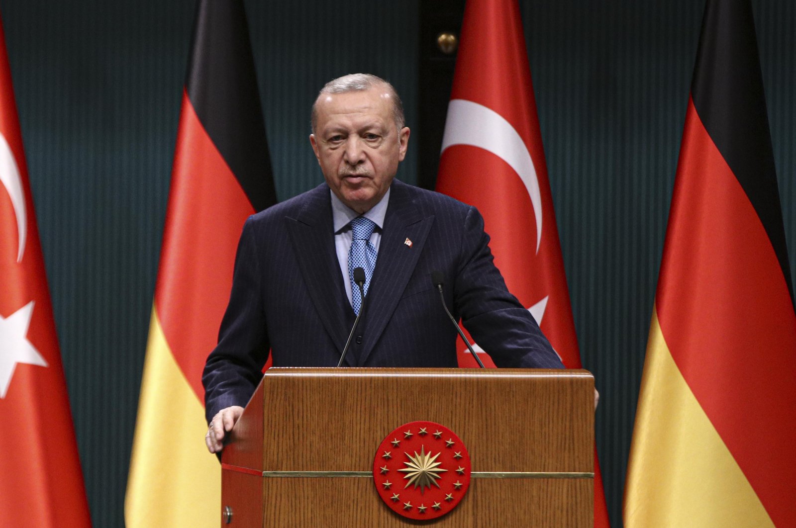 President Recep Tayyip Erdoğan speaking during a press conference with German Chancellor Olaf Scholz in Ankara, Turkey, March 14, 2022 (DHA Photo) 