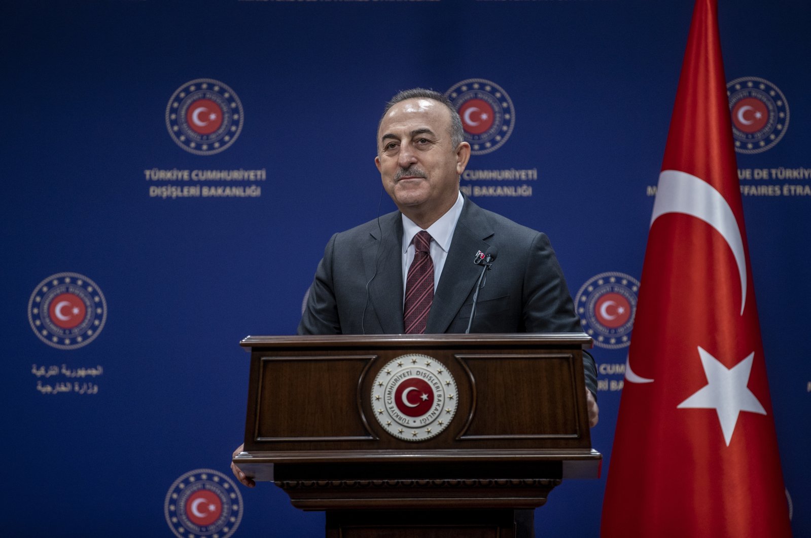 Foreign Minister Mevlüt Çavuşoğlu speaks at a joint news conference with his counterpart from Ivory Coast Kandia Camara in Ankara, Turkey, March 15, 2022. (AA Photo)