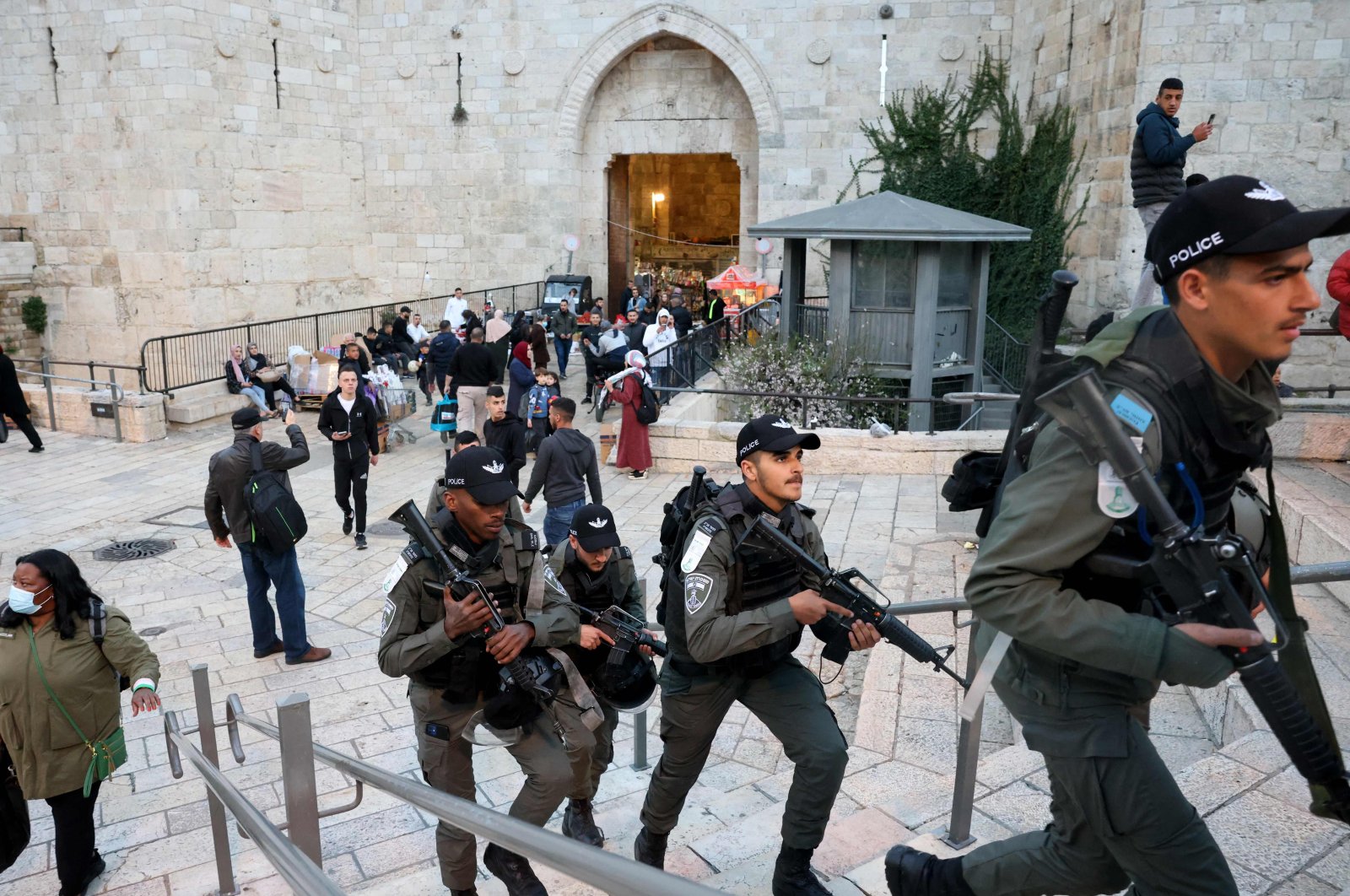 Israeli forces patrol outside Damascus&#039; Gate in Jerusalem&#039;s Old City, occupied Palestine, March 8, 2022. (AFP Photo)