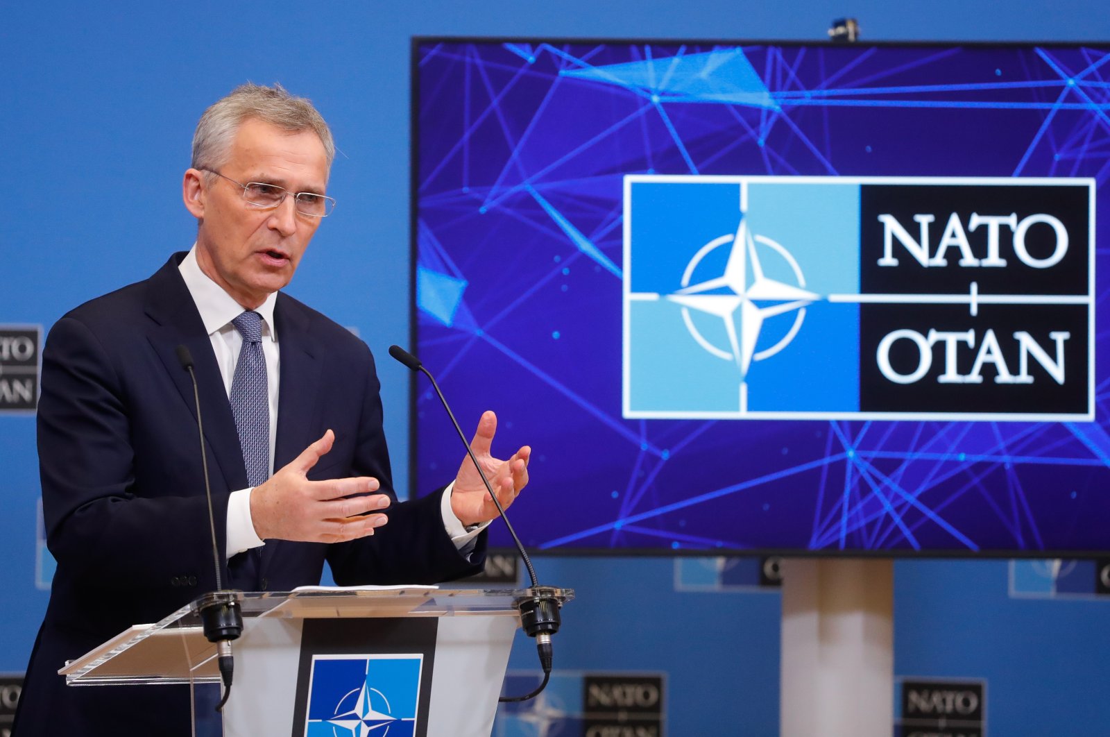NATO Secretary-General Jens Stoltenberg speaks during a pre-ministerial press conference at the alliance&#039;s headquarters in Brussels, Belgium, March 15, 2022. (EPA Photo)