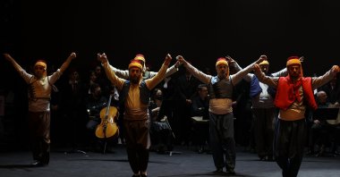 A dance folk dance group comprising of teachers takes the stage as part of the "Elegy for Çanakkale" opera during rehearsals. (AA Photo)
