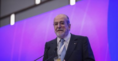 Chairperson and founder of Crans-Montana Forum, Jean-Paul Carteron is seen speaking at the Antalya Diplomacy Forum, Turkey, March 12, 2022. (AA Photo)