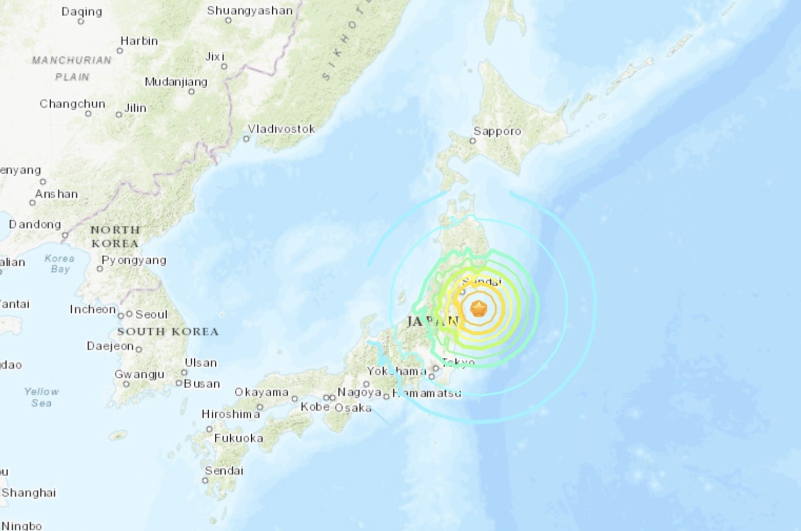 This screengrab taken from U.S. Geological Survey (USGS) website shows the epicenter of the earthquake that struck Japan, March 16, 2022. (Photo courtesy of USGS)