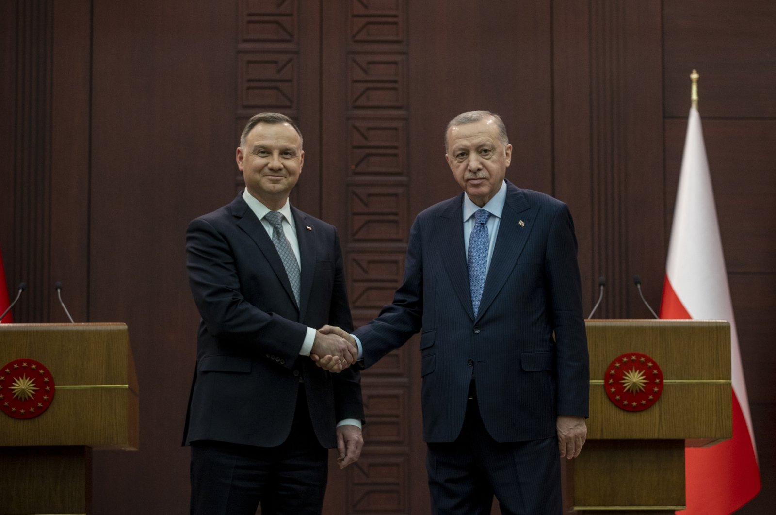 President Recep Tayyip Erdoğan (R) and Poland&#039;s President Andrzej Duda speak to the media after their talks, Ankara, Turkey, March 16, 2022. (AA Photo)