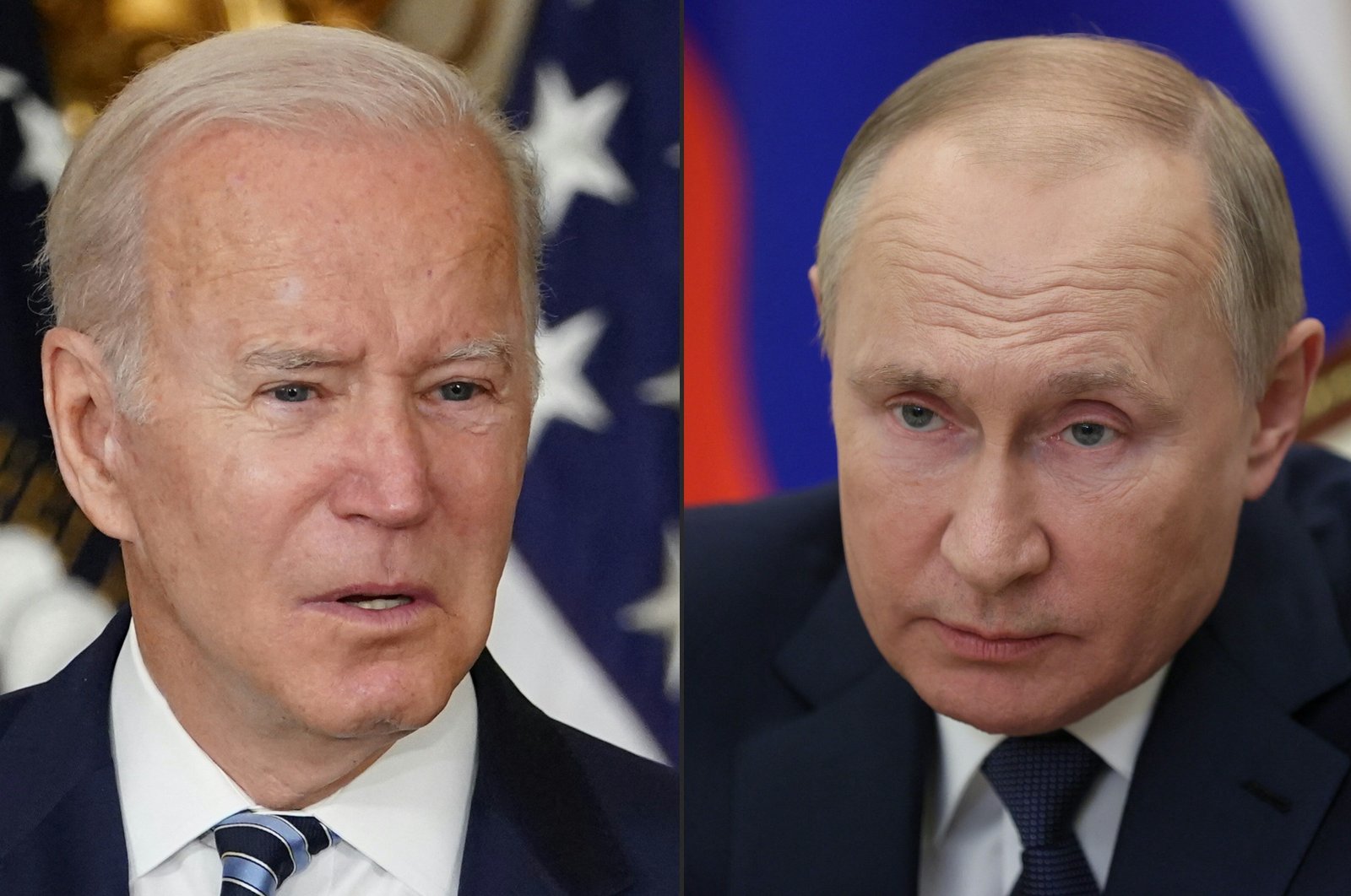 This combination of pictures created on Dec. 6, 2021, shows U.S. President Joe Biden (L) during a signing ceremony at the White House in Washington and Russian President Vladimir Putin in a congress of the United Russia party in Moscow. (AFP Photo)