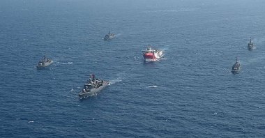 The Turkish seismic research vessel Oruç Reis is escorted by Turkish naval warships in the Mediterranean Sea off Antalya, Turkey, Aug. 10, 2020. (AFP Photo)