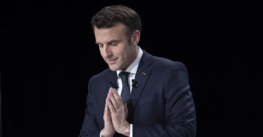 French President and candidate for reelection Emmanuel Macron delivers a speech outlining his campaign program during a press conference in Aubervilliers, outside Paris, France, March 17, 2022. (EPA Photo)