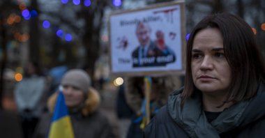 Belarusian opposition leader Sviatlana Tsikhanouskaya, (R), takes part in a protest against the Russian invasion of Ukraine in front of the Russian Embassy in Vilnius, Lithuania, March 4, 2022. (AP Photo)